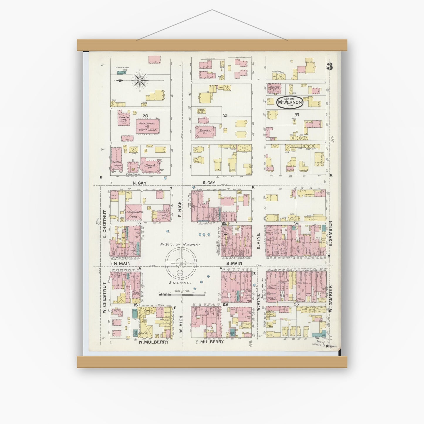 Old map wall art mockup — magnetic wood frame on white wall — Sanborn Fire Insurance Map from Mount Vernon, Knox County, Ohio (1892), Sheet #0003