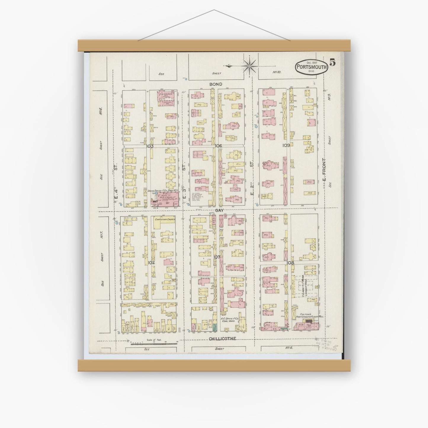 Old map wall art mockup — magnetic wood frame on white wall — Sanborn Fire Insurance Map from Portsmouth, Scioto County, Ohio (1887), Sheet #0005