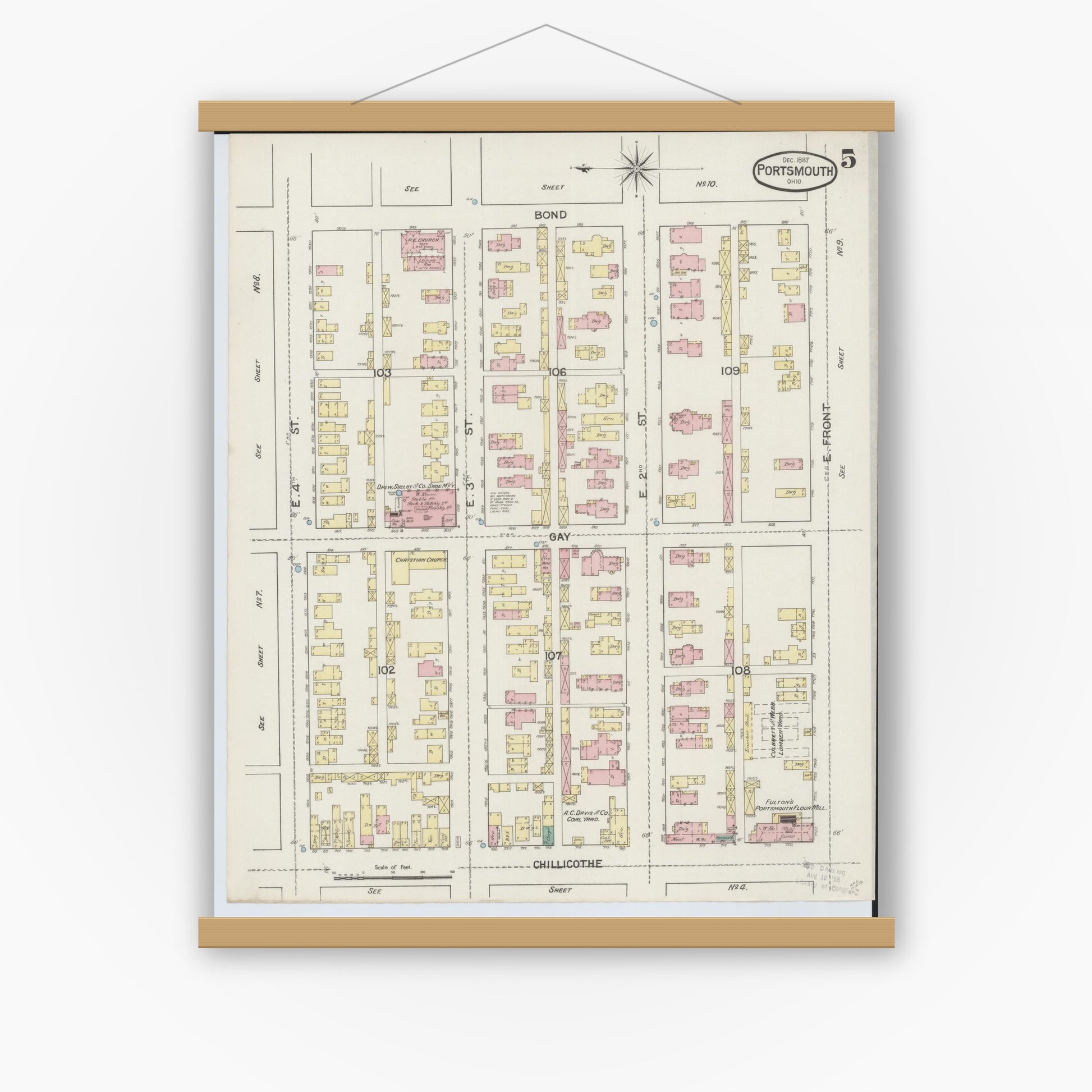 Old map wall art mockup — magnetic wood frame on white wall — Sanborn Fire Insurance Map from Portsmouth, Scioto County, Ohio (1887), Sheet #0005