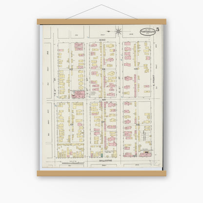 Old map wall art mockup — magnetic wood frame on white wall — Sanborn Fire Insurance Map from Portsmouth, Scioto County, Ohio (1887), Sheet #0005