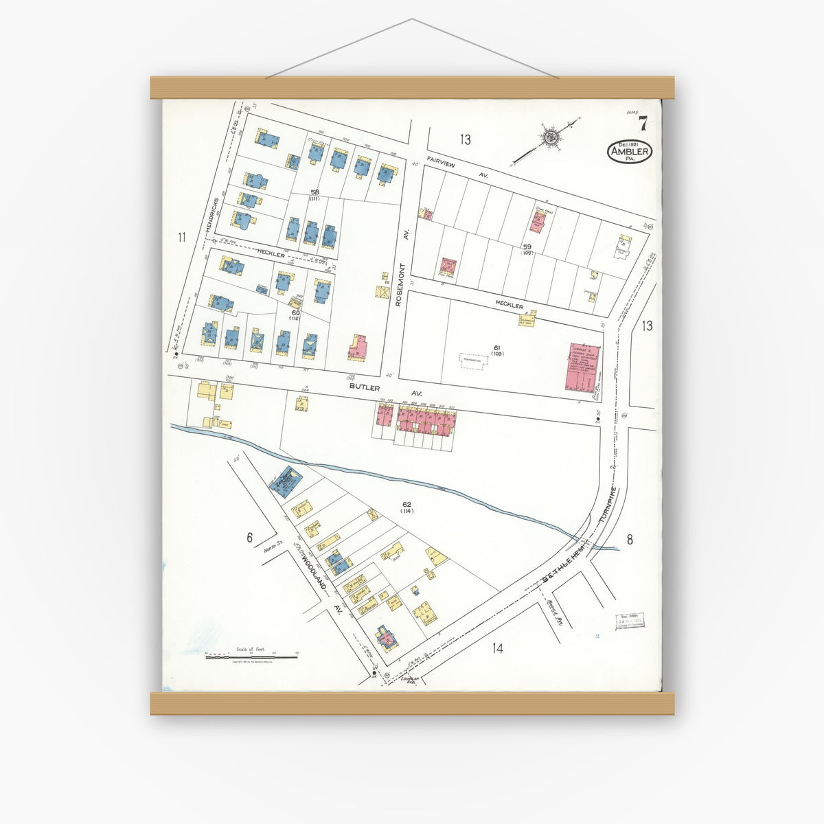 Old map wall art mockup — magnetic wood frame on white wall — Sanborn Fire Insurance Map from Ambler, Montgomery County, Pennsylvania (1921), Sheet #0007