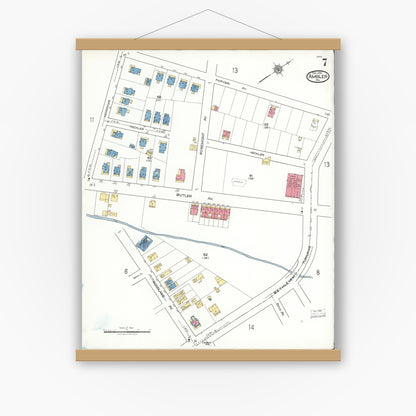 Old map wall art mockup — magnetic wood frame on white wall — Sanborn Fire Insurance Map from Ambler, Montgomery County, Pennsylvania (1921), Sheet #0007