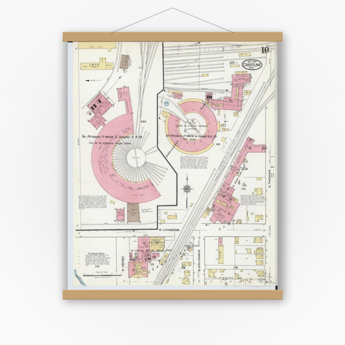 Old map wall art mockup — magnetic wood frame on white wall — Sanborn Fire Insurance Map from Crestline, Crawford County, Ohio (1921), Sheet #0010