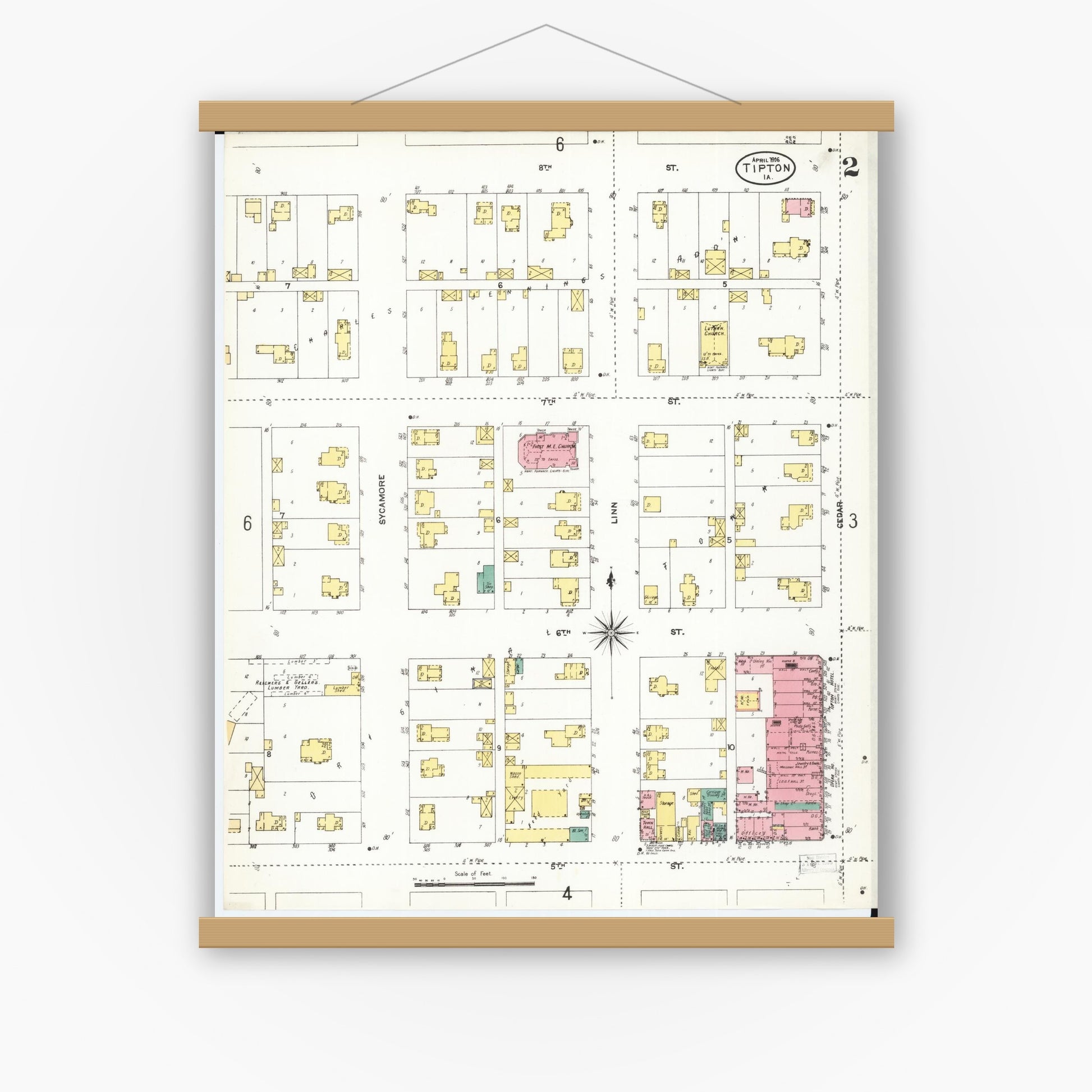 Old map wall art mockup — magnetic wood frame on white wall — Sanborn Fire Insurance Map from Tipton, Cedar County, Iowa (1906), Sheet #0002