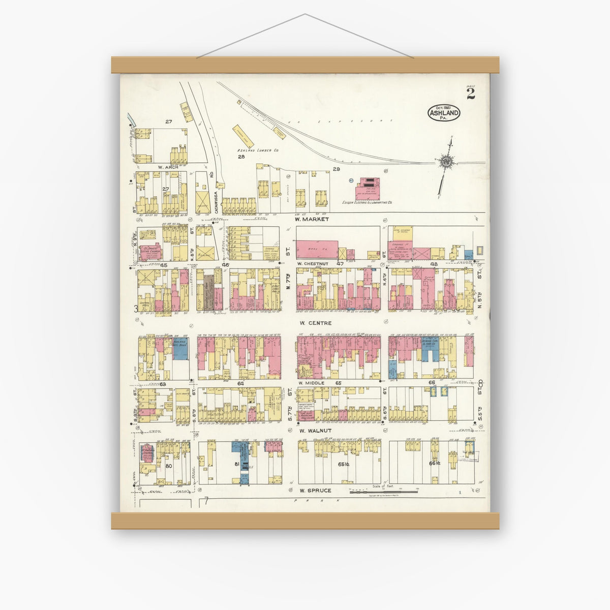 Old map wall art mockup — magnetic wood frame on white wall — Sanborn Fire Insurance Map from Ashland, Schuylkill County, Pennsylvania (1921), Sheet #0002