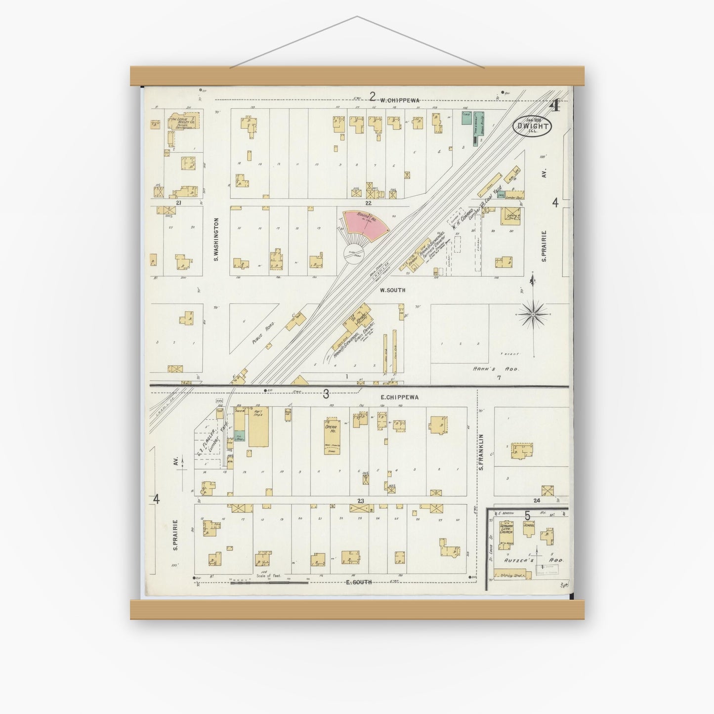 Old map wall art mockup — magnetic wood frame on white wall — Sanborn Fire Insurance Map from Dwight, Livingston County, Illinois (1898), Sheet #0004