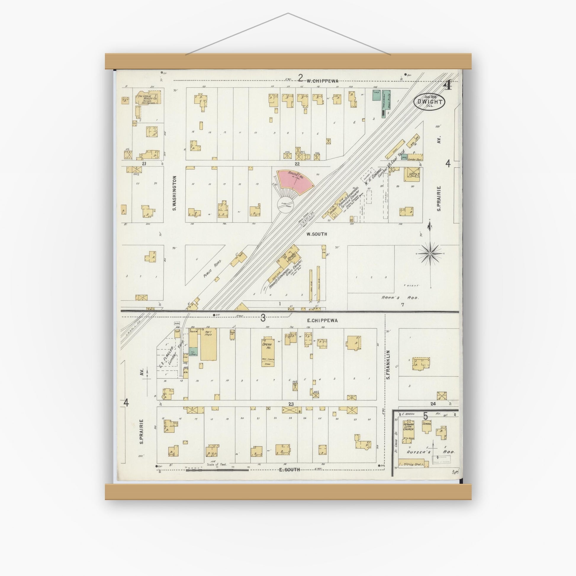 Old map wall art mockup — magnetic wood frame on white wall — Sanborn Fire Insurance Map from Dwight, Livingston County, Illinois (1898), Sheet #0004