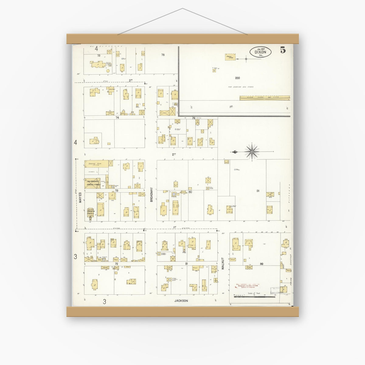 Old map wall art mockup — magnetic wood frame on white wall — Sanborn Fire Insurance Map from Dixon, Solano County, California (1907), Sheet #0005