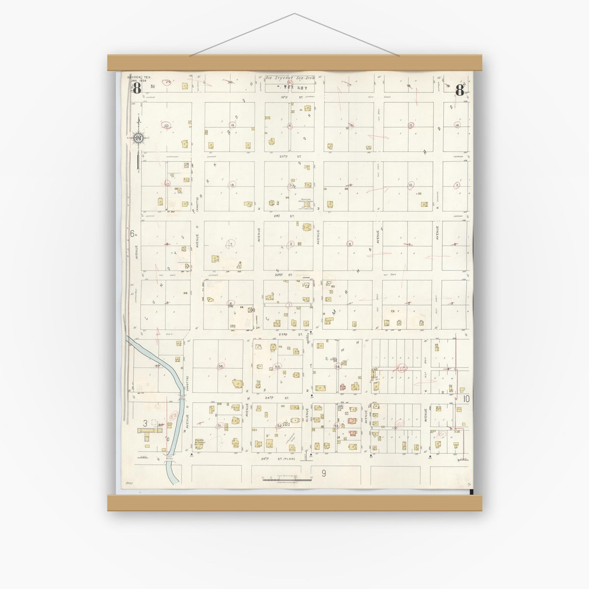 Old map wall art mockup — magnetic wood frame on white wall — Sanborn Fire Insurance Map from Snyder, Scurry County, Texas (1942), Sheet #0008