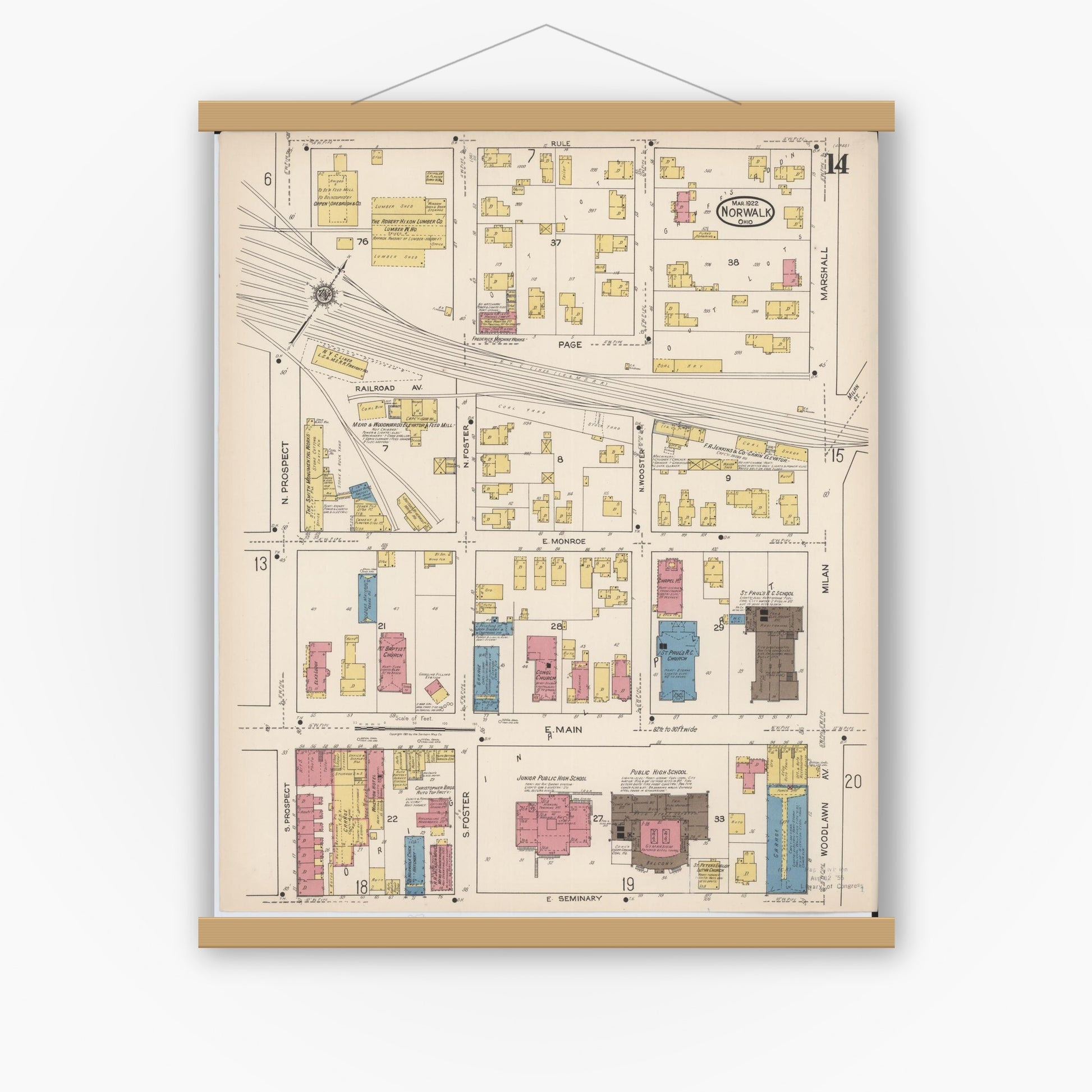 Old map wall art mockup — magnetic wood frame on white wall — Sanborn Fire Insurance Map from Norwalk, Huron County, Ohio (1922), Sheet #0014