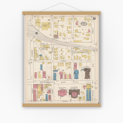 Old map wall art mockup — magnetic wood frame on white wall — Sanborn Fire Insurance Map from Norwalk, Huron County, Ohio (1922), Sheet #0014