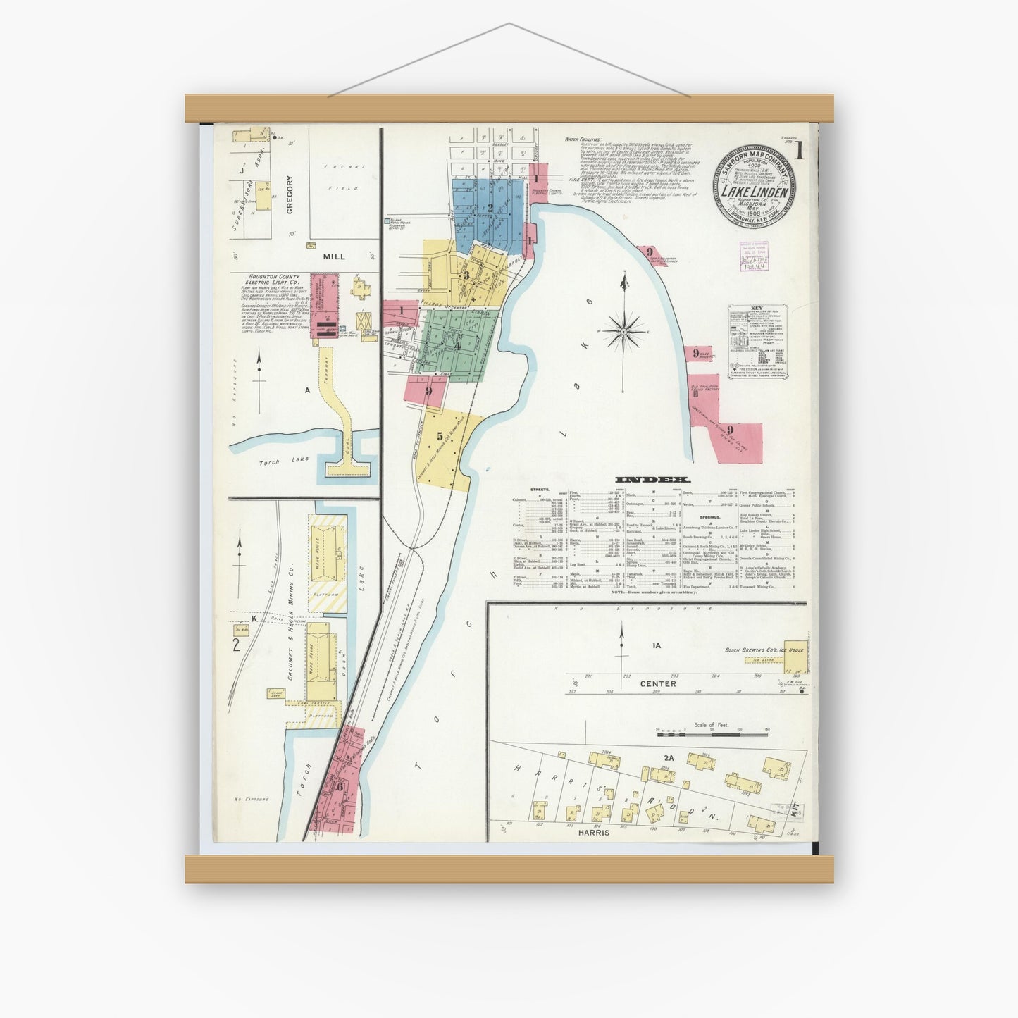 Old map wall art mockup — magnetic wood frame on white wall — Sanborn Fire Insurance Map from Lake Linden, Houghton County, Michigan (1908), Sheet #0001