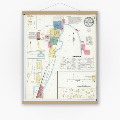Old map wall art mockup — magnetic wood frame on white wall — Sanborn Fire Insurance Map from Lake Linden, Houghton County, Michigan (1908), Sheet #0001