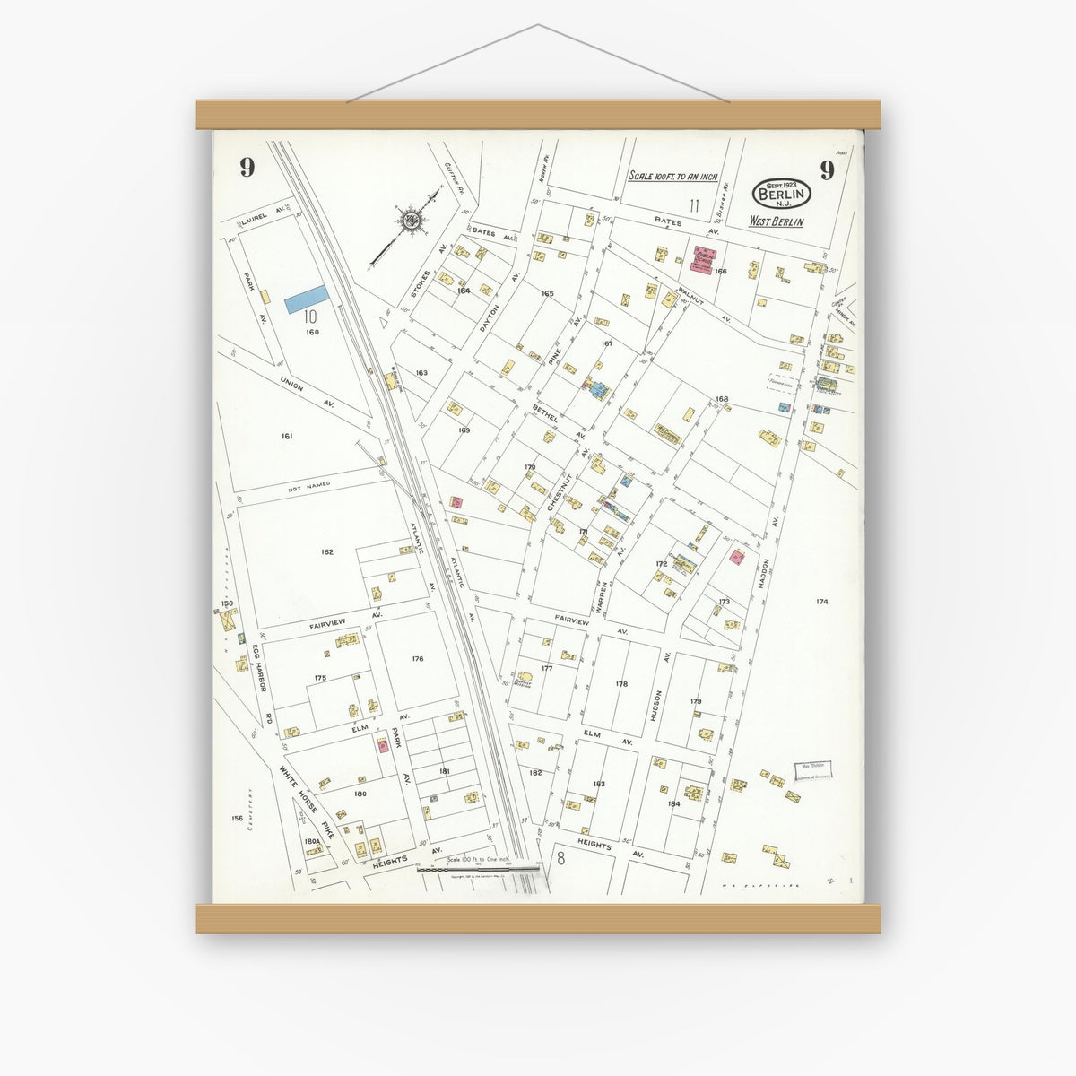 Old map wall art mockup — magnetic wood frame on white wall — Sanborn Fire Insurance Map from Berlin, Camden County, New Jersey (1923), Sheet #0009