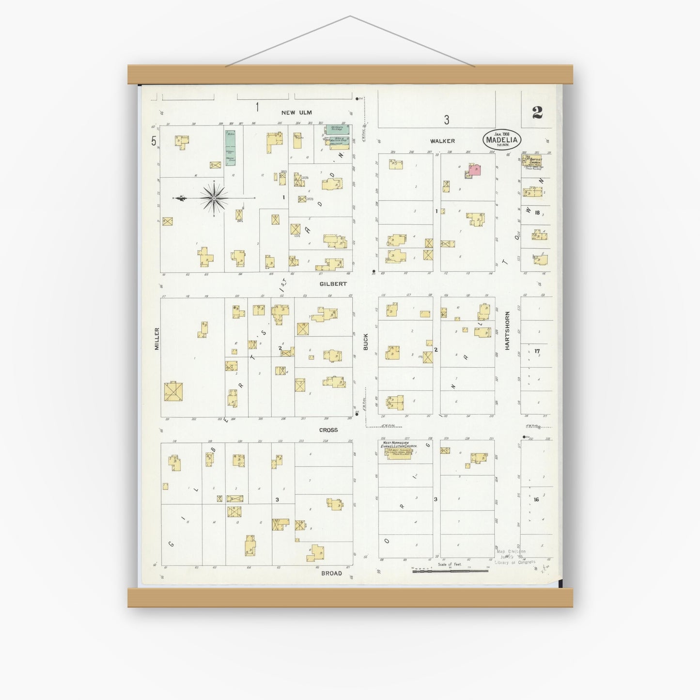 Old map wall art mockup — magnetic wood frame on white wall — Sanborn Fire Insurance Map from Madelia, Watonwan County, Minnesota (1908), Sheet #0002