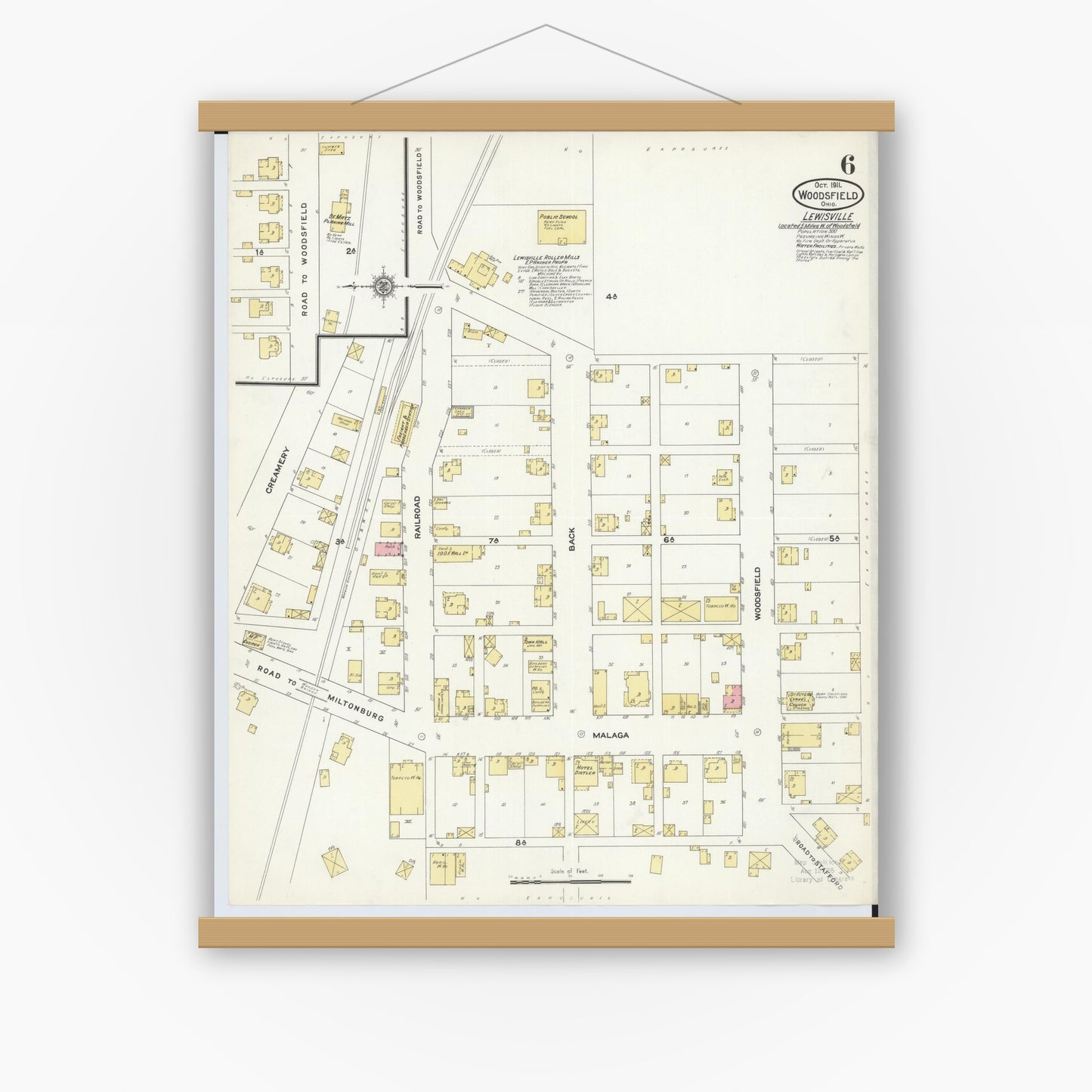 Old map wall art mockup — magnetic wood frame on white wall — Sanborn Fire Insurance Map from Woodsfield, Monroe County, Ohio (1911), Sheet #0006