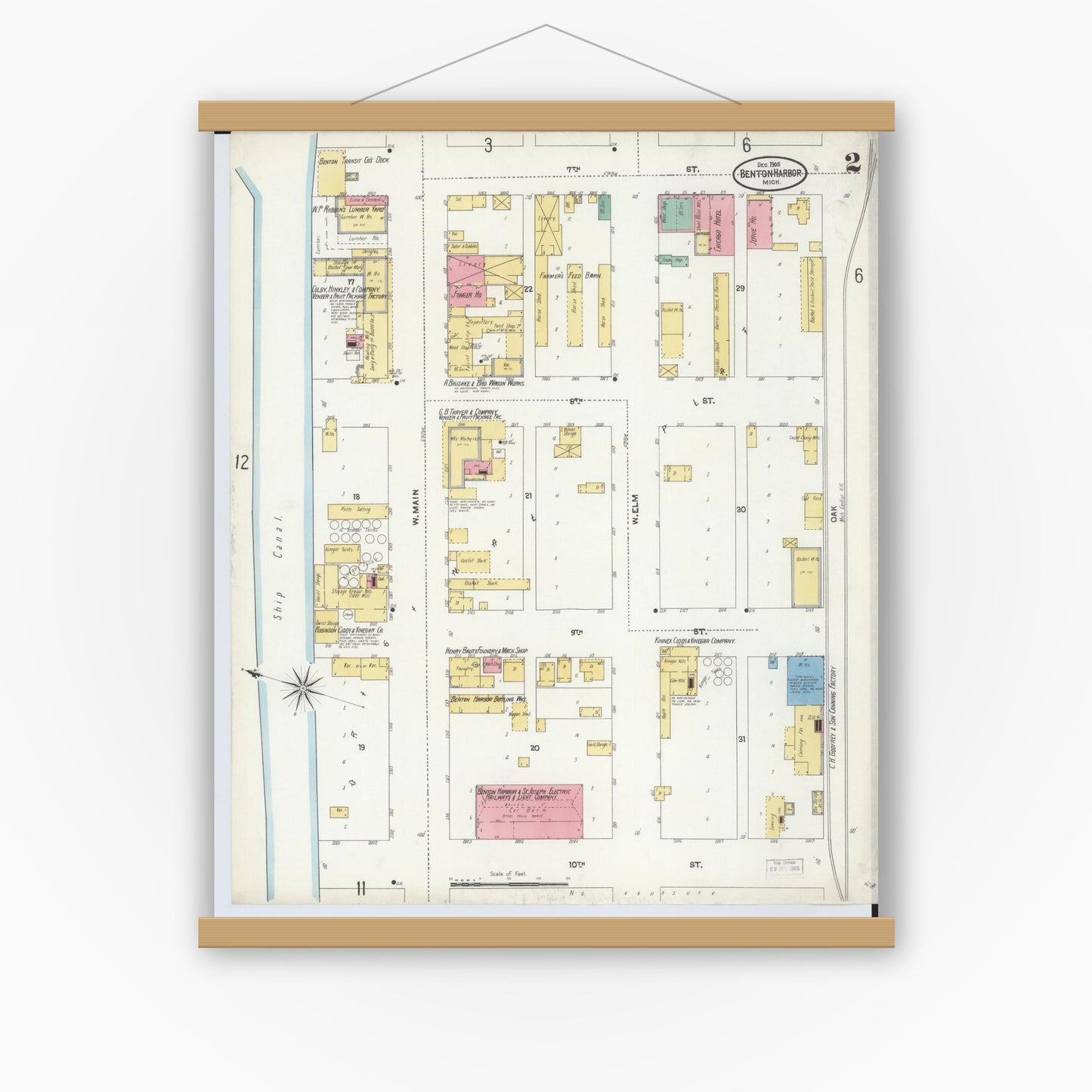 Old map wall art mockup — magnetic wood frame on white wall — Sanborn Fire Insurance Map from Benton Harbor, Berrien County, Michigan (1905), Sheet #0002