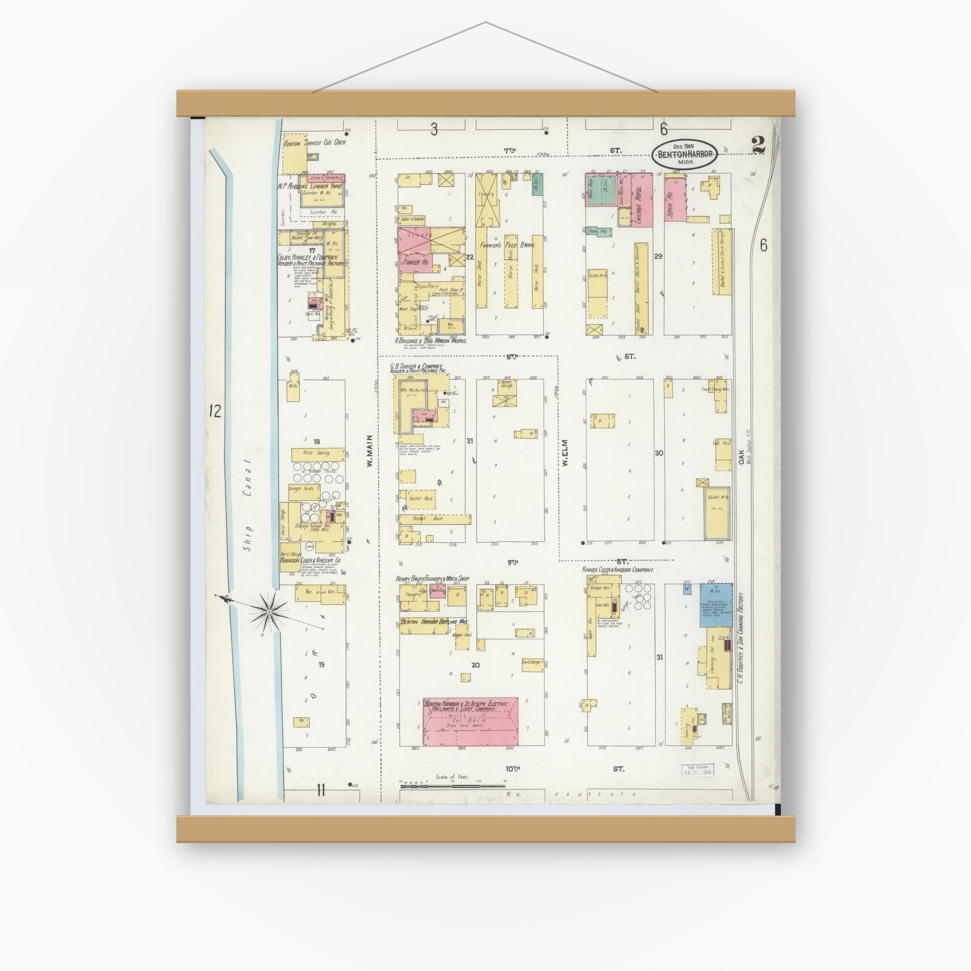 Old map wall art mockup — magnetic wood frame on white wall — Sanborn Fire Insurance Map from Benton Harbor, Berrien County, Michigan (1905), Sheet #0002