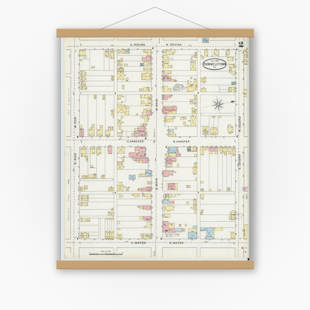 Old map wall art mockup — magnetic wood frame on white wall — Sanborn Fire Insurance Map from Hummelstown, Dauphin County, Pennsylvania (1895), Sheet #0002