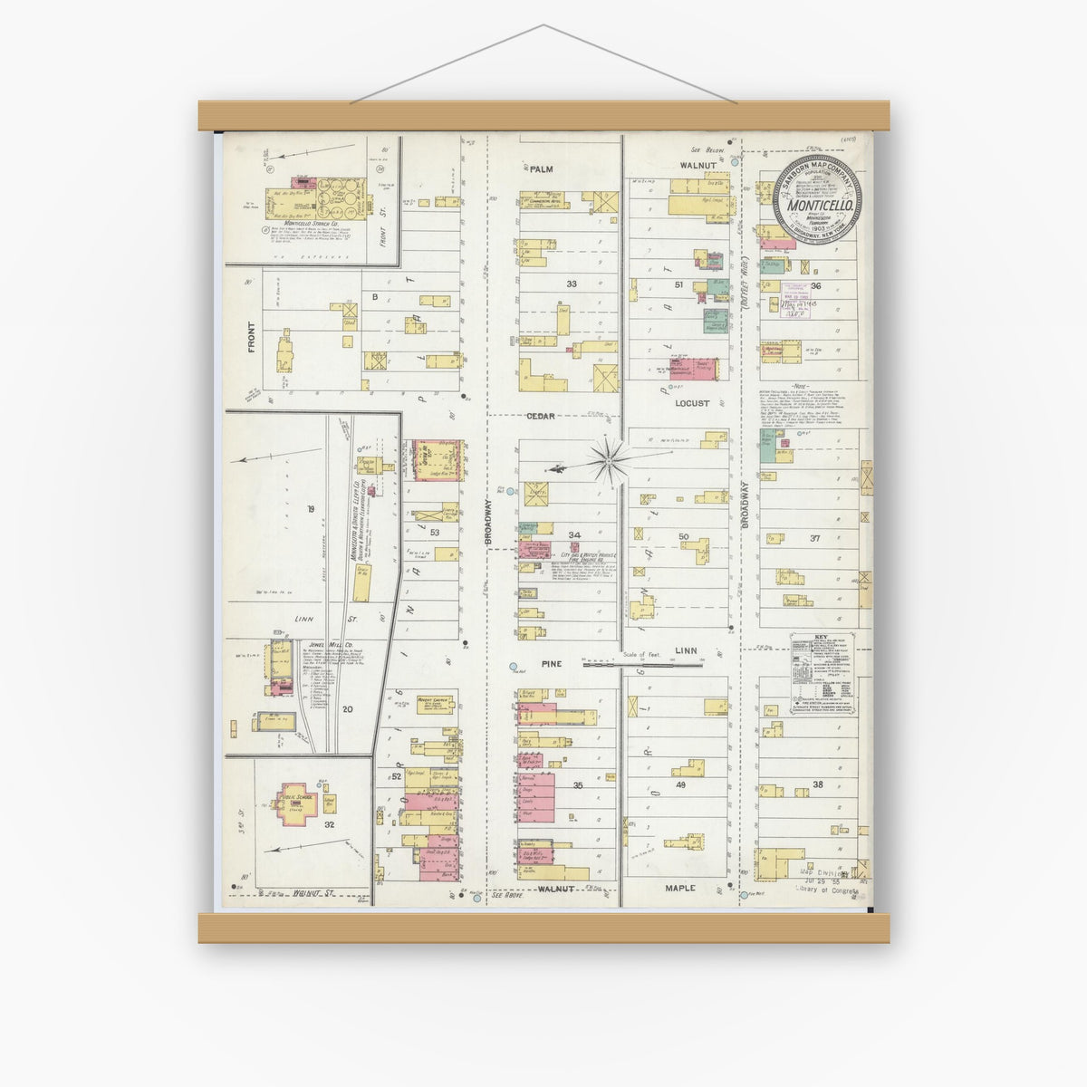 Old map wall art mockup — magnetic wood frame on white wall — Sanborn Fire Insurance Map from Monticello, Wright County, Minnesota (1903), Sheet #0001
