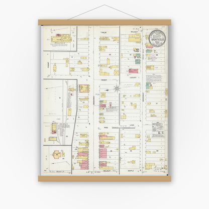 Old map wall art mockup — magnetic wood frame on white wall — Sanborn Fire Insurance Map from Monticello, Wright County, Minnesota (1903), Sheet #0001
