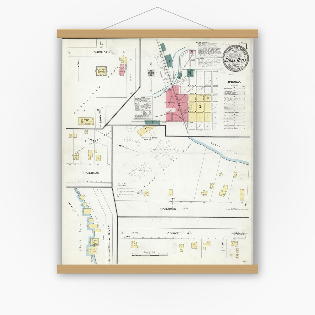 Old map wall art mockup — magnetic wood frame on white wall — Sanborn Fire Insurance Map from Eagle River, Vilas County, Wisconsin (1909) - Complete Map Set