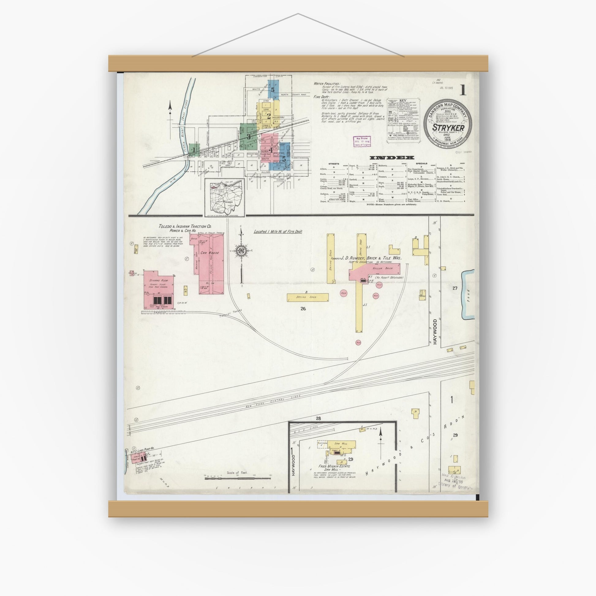 Old map wall art mockup — magnetic wood frame on white wall — Sanborn Fire Insurance Map from Stryker, Williams County, Ohio (1916), Sheet #0001