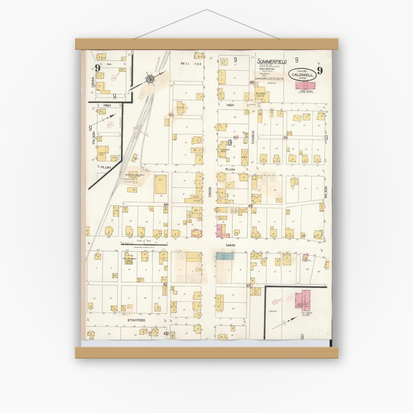 Old map wall art mockup — magnetic wood frame on white wall — Sanborn Fire Insurance Map from Caldwell, Noble County, Ohio (1932), Sheet #0009