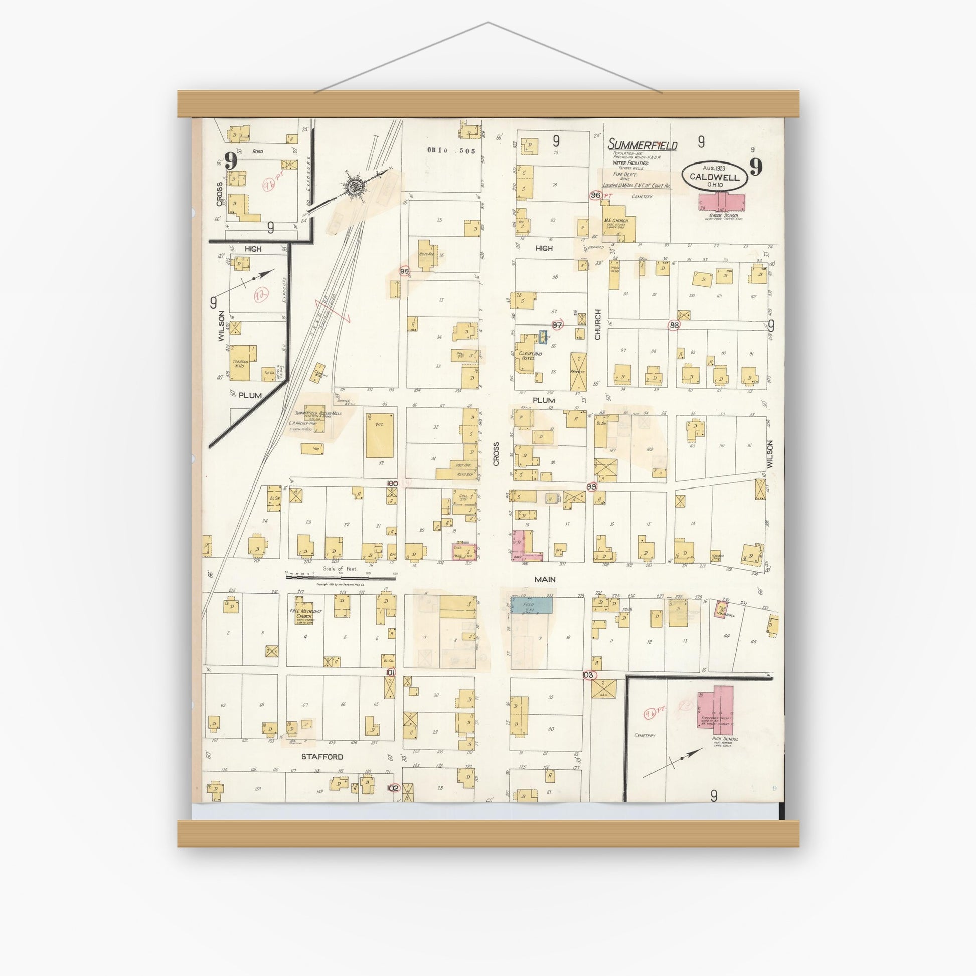 Old map wall art mockup — magnetic wood frame on white wall — Sanborn Fire Insurance Map from Caldwell, Noble County, Ohio (1932), Sheet #0009