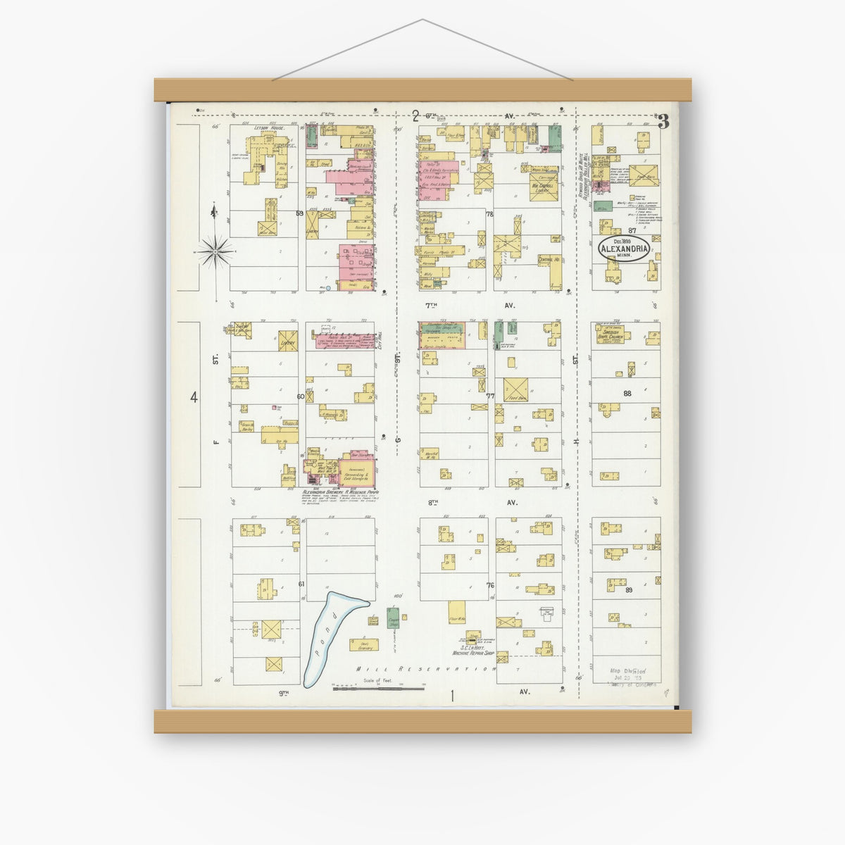 Old map wall art mockup — magnetic wood frame on white wall — Sanborn Fire Insurance Map from Alexandria, Douglas County, Minnesota (1899), Sheet #0003