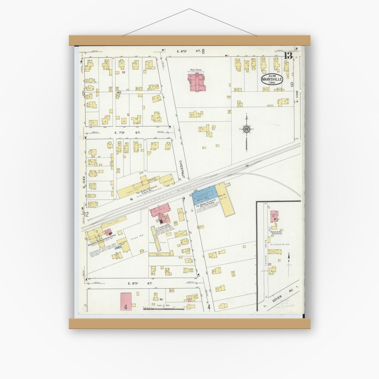 Old map wall art mockup — magnetic wood frame on white wall — Sanborn Fire Insurance Map from Marysville, Union County, Ohio (1916), Sheet #0013