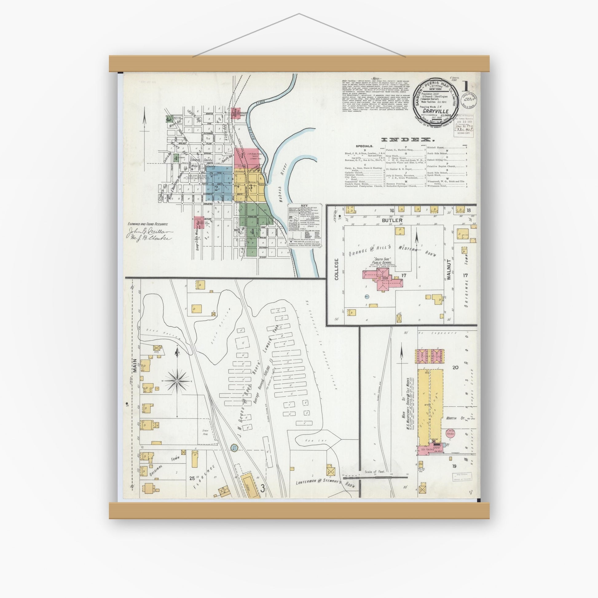 Old map wall art mockup — magnetic wood frame on white wall — Sanborn Fire Insurance Map from Grayville, White And Edwards Counties, Illinois (1900), Sheet #0001