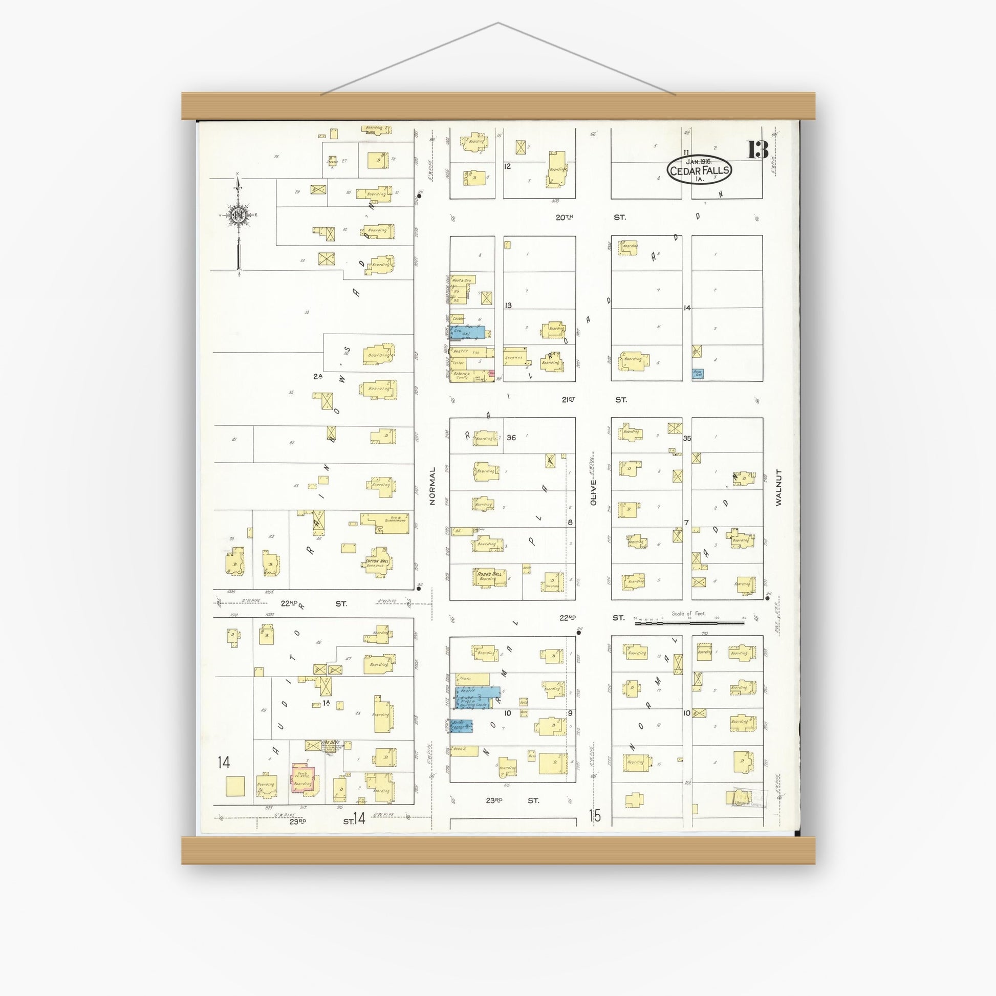 Old map wall art mockup — magnetic wood frame on white wall — Sanborn Fire Insurance Map from Cedar Falls, Black Hawk County, Iowa (1916), Sheet #0013