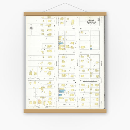 Old map wall art mockup — magnetic wood frame on white wall — Sanborn Fire Insurance Map from Cedar Falls, Black Hawk County, Iowa (1916), Sheet #0013