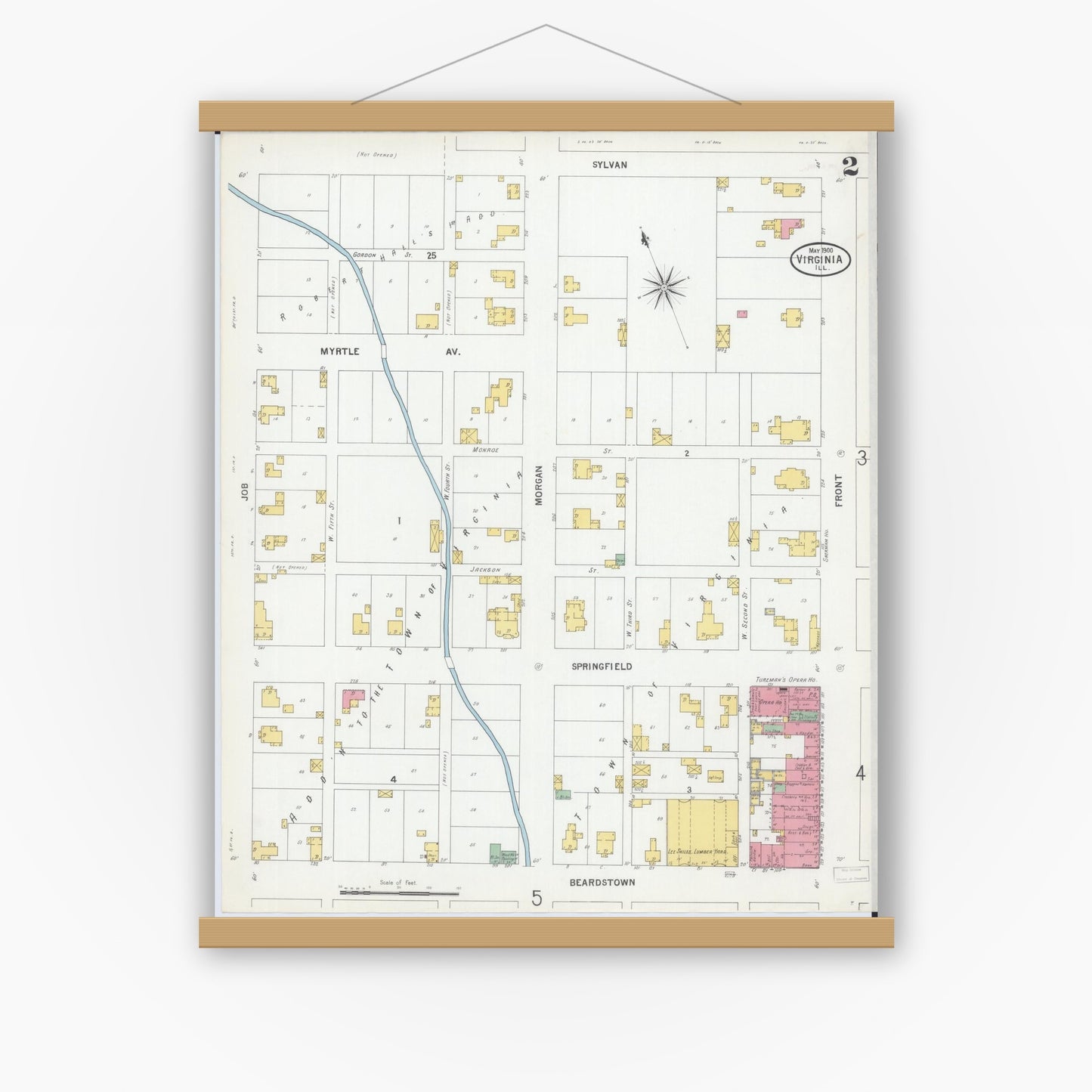Old map wall art mockup — magnetic wood frame on white wall — Sanborn Fire Insurance Map from Virginia, Cass County, Illinois (1900), Sheet #0002