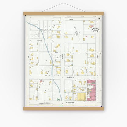Old map wall art mockup — magnetic wood frame on white wall — Sanborn Fire Insurance Map from Virginia, Cass County, Illinois (1900), Sheet #0002