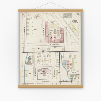 Old map wall art mockup — magnetic wood frame on white wall — Sanborn Fire Insurance Map from Madison, Dane County, Wisconsin (1885), Sheet #0008