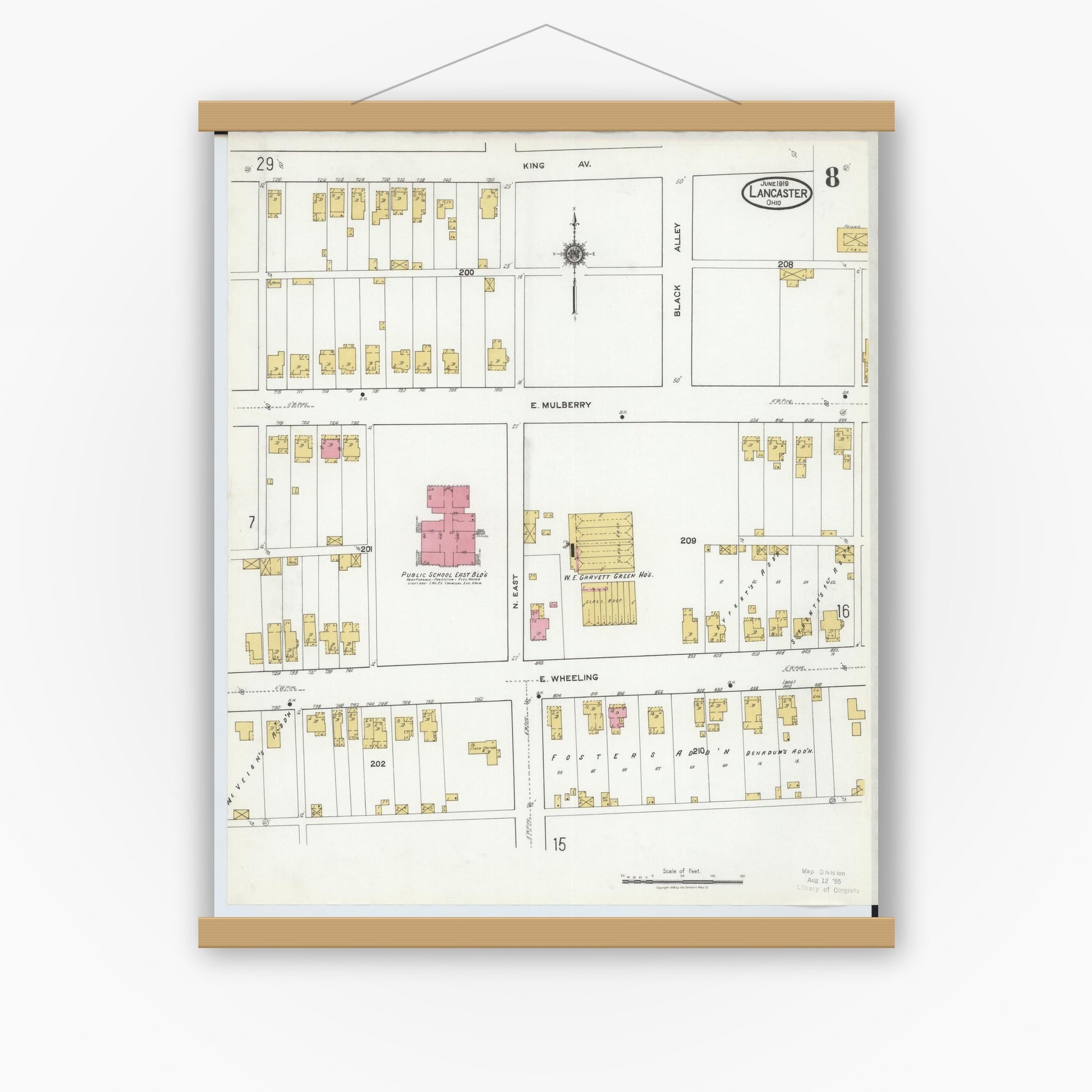 Old map wall art mockup — magnetic wood frame on white wall — Sanborn Fire Insurance Map from Lancaster, Fairfield County, Ohio (1919), Sheet #0008