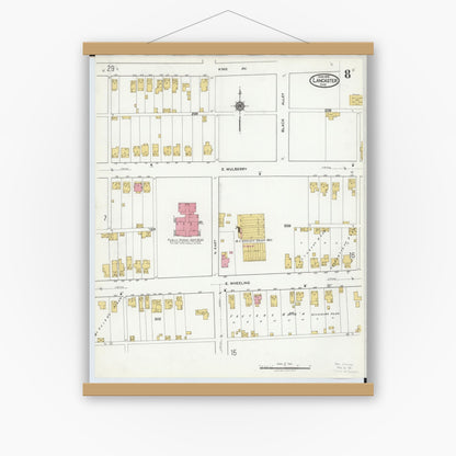 Old map wall art mockup — magnetic wood frame on white wall — Sanborn Fire Insurance Map from Lancaster, Fairfield County, Ohio (1919), Sheet #0008