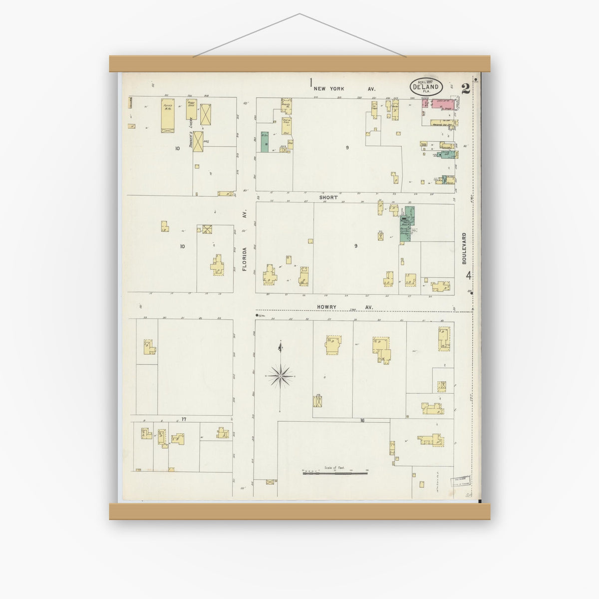 Old map wall art mockup — magnetic wood frame on white wall — Sanborn Fire Insurance Map from De Land, Volusia County, Florida (1897), Sheet #0002