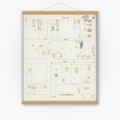 Old map wall art mockup — magnetic wood frame on white wall — Sanborn Fire Insurance Map from De Land, Volusia County, Florida (1897), Sheet #0002