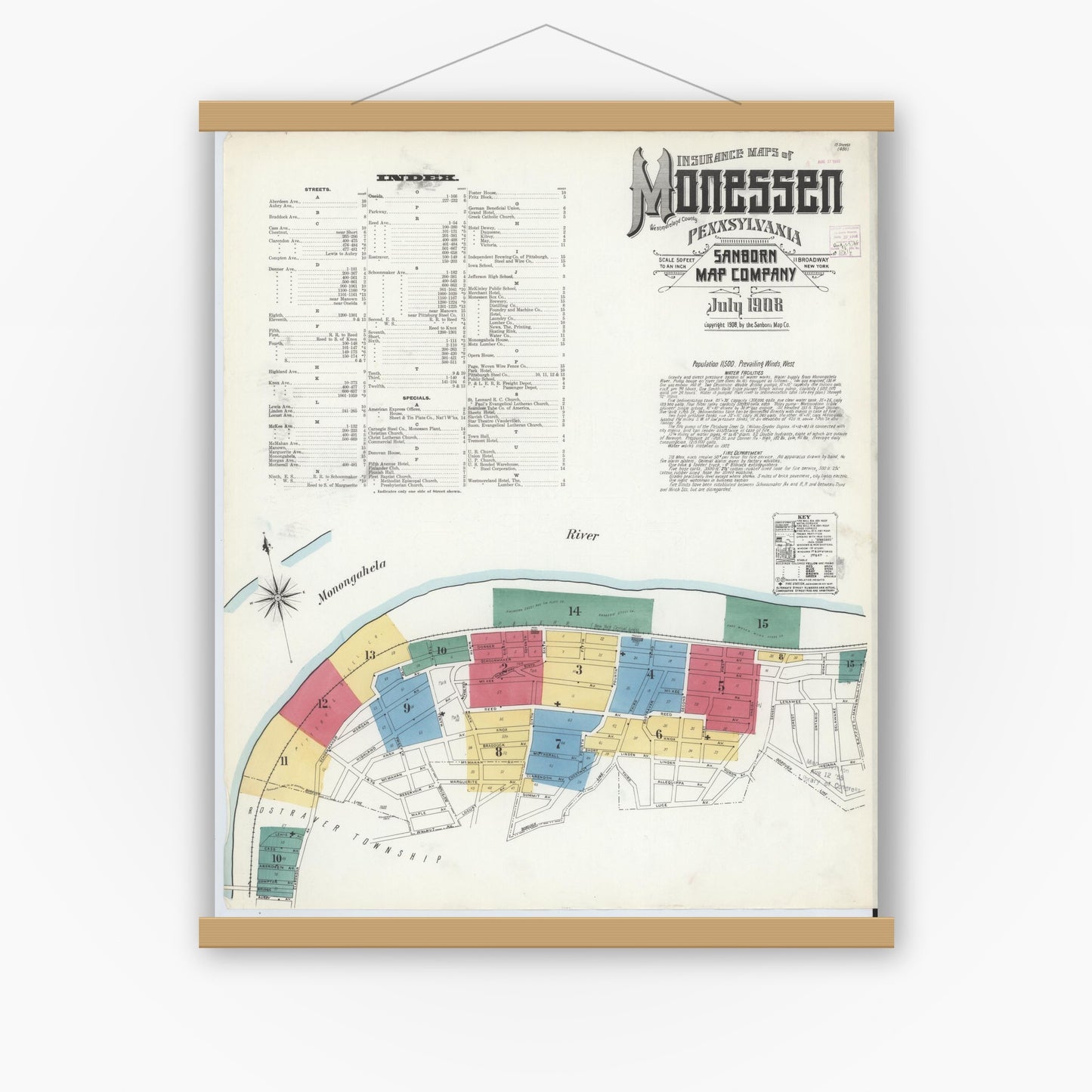 Old map wall art mockup — magnetic wood frame on white wall — Sanborn Fire Insurance Map from Monessen, Westmoreland County, Pennsylvania (1908) - Complete Map Set
