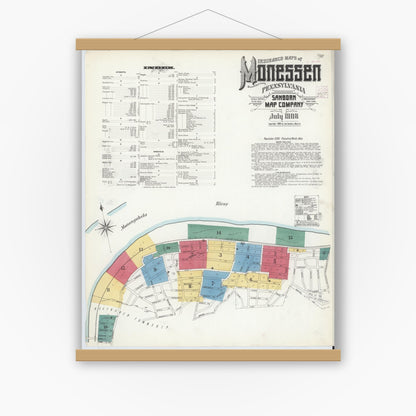 Old map wall art mockup — magnetic wood frame on white wall — Sanborn Fire Insurance Map from Monessen, Westmoreland County, Pennsylvania (1908) - Complete Map Set