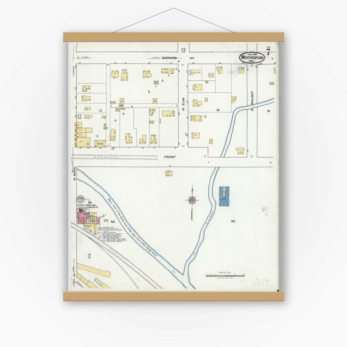 Old map wall art mockup — magnetic wood frame on white wall — Sanborn Fire Insurance Map from Weatherford, Parker County, Texas (1921), Sheet #0007