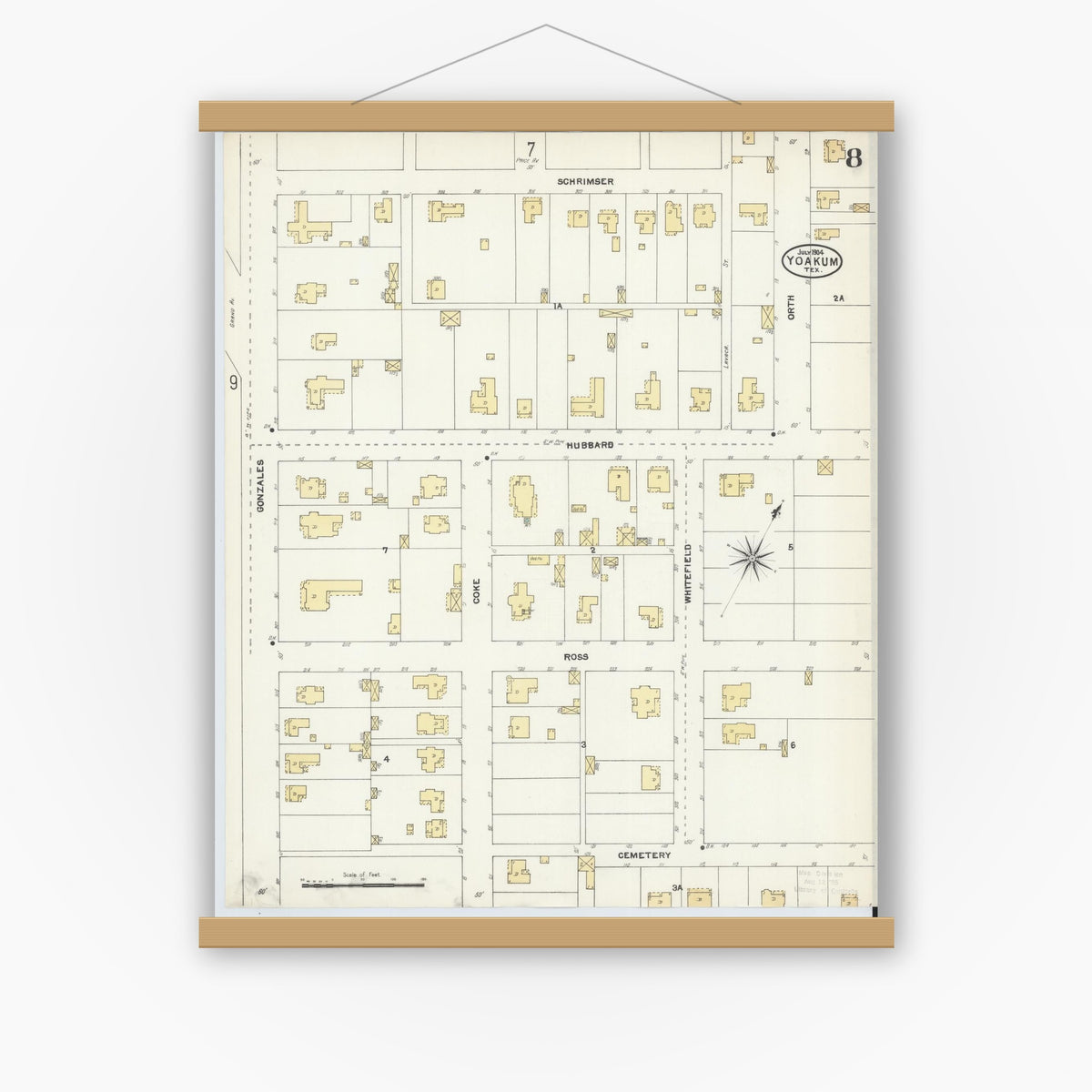 Old map wall art mockup — magnetic wood frame on white wall — Sanborn Fire Insurance Map from Yoakum, De Witt And Lavaca Counties, Texas (1904), Sheet #0008