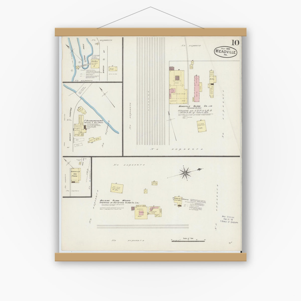 Old map wall art mockup — magnetic wood frame on white wall — Sanborn Fire Insurance Map from Meadville, Crawford County, Pennsylvania (1886), Sheet #0010