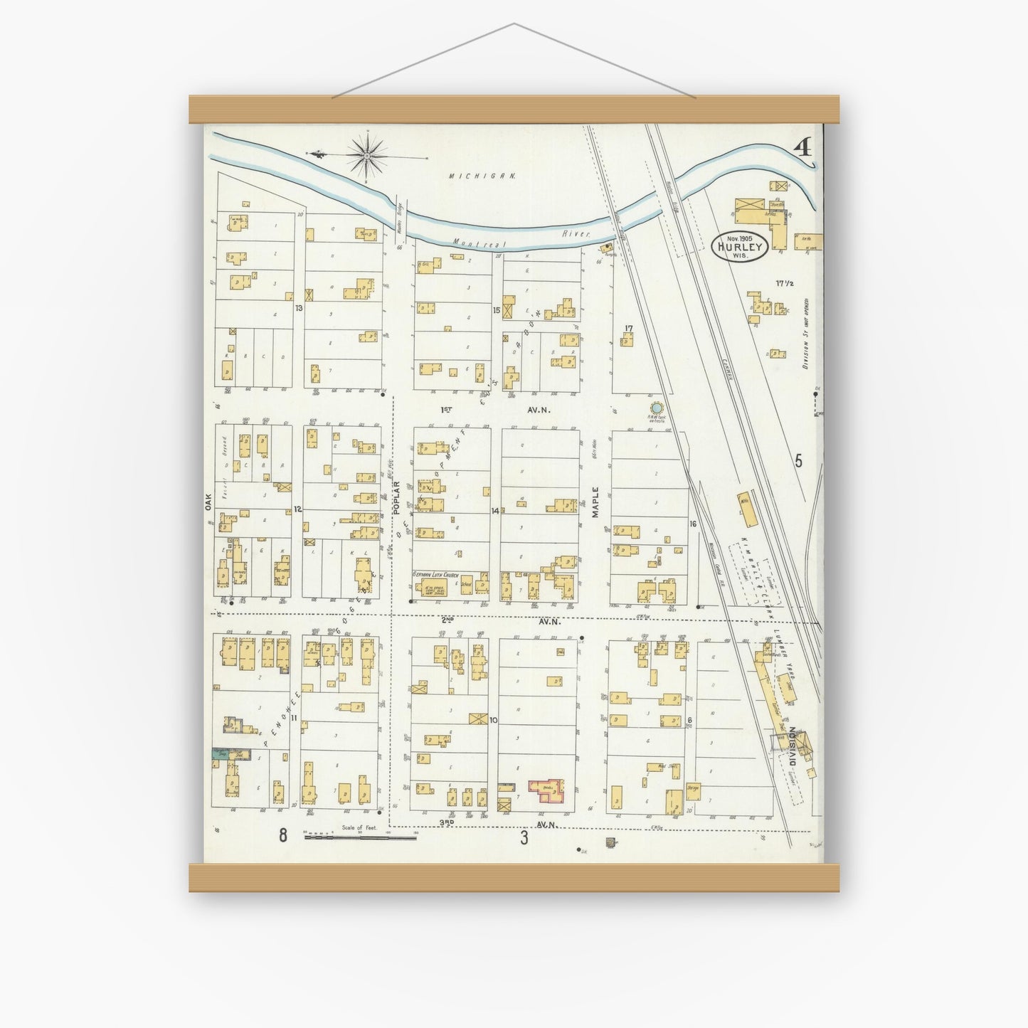 Old map wall art mockup — magnetic wood frame on white wall — Sanborn Fire Insurance Map from Hurley, Iron County, Wisconsin (1905), Sheet #0004
