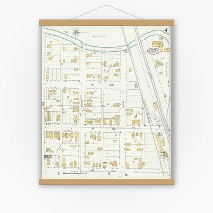 Old map wall art mockup — magnetic wood frame on white wall — Sanborn Fire Insurance Map from Hurley, Iron County, Wisconsin (1905), Sheet #0004