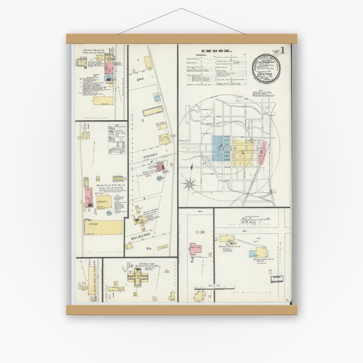 Old map wall art mockup — magnetic wood frame on white wall — Sanborn Fire Insurance Map from Denton, Denton County, Texas (1896), Sheet #0001