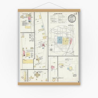 Old map wall art mockup — magnetic wood frame on white wall — Sanborn Fire Insurance Map from Denton, Denton County, Texas (1896), Sheet #0001